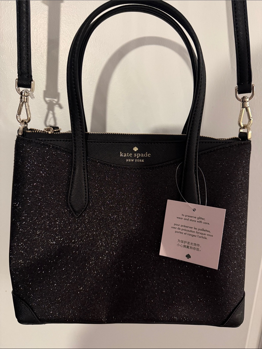 New with tags! kate spade black glitter satchel with detachable strap